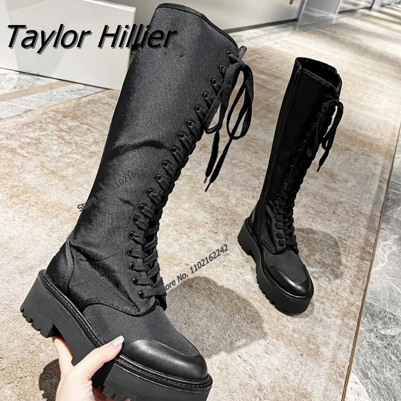 

Long Boots Women'S British Style Thick Bottom But Knee Elastic Boots Side Zipper Lace Decorated Sponge Cake Slimming Knight Boot