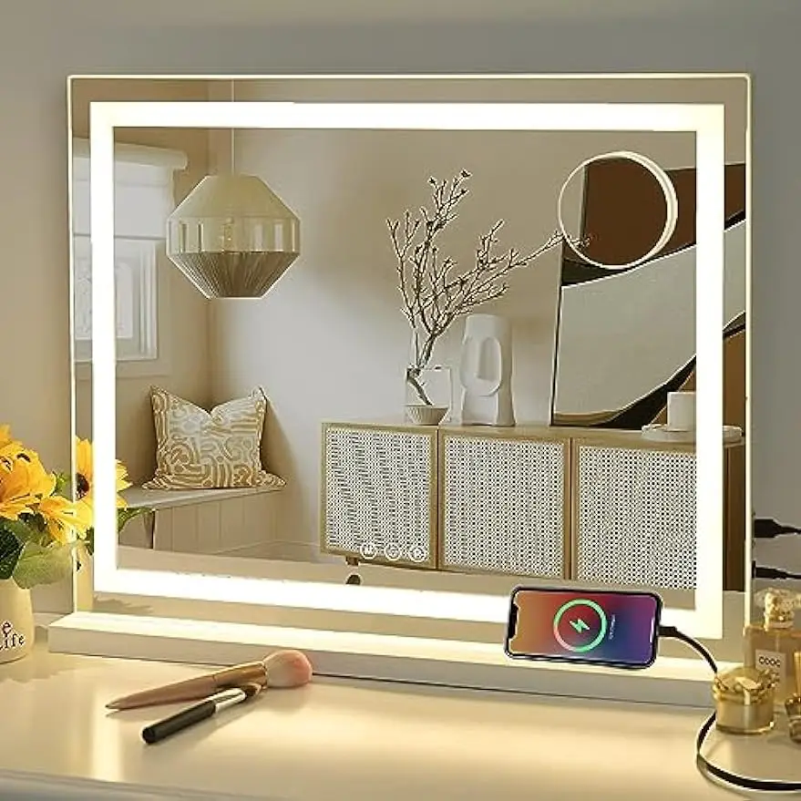

23" x 18" Makeup Mirror, Hollywood Mirror with 3 Color Modes & Adjustable Brightness, Detachable 10x Magnification