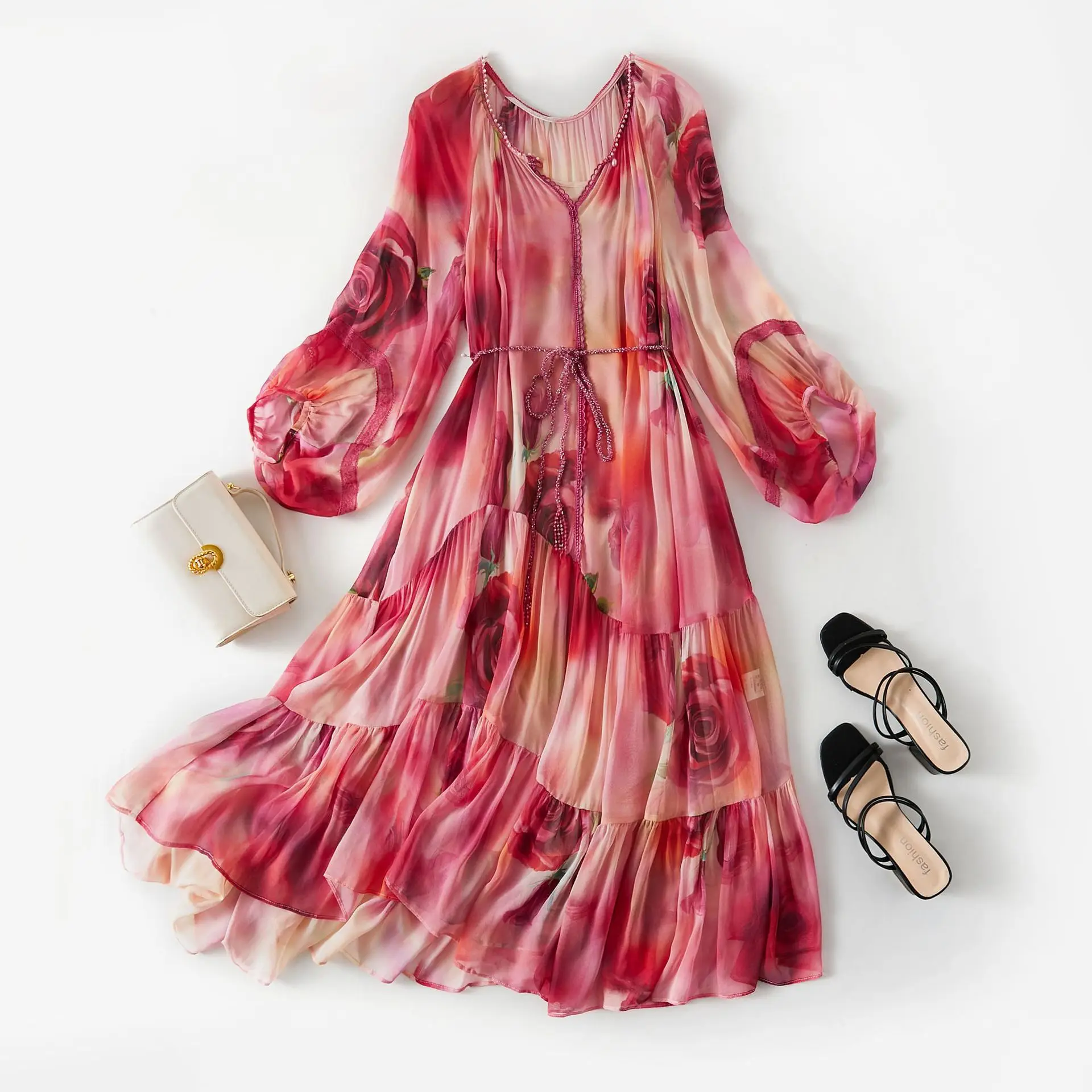 

Женское шелковое платье с V-образным вырезом, рукав три четверти, свободное платье на шнуровке на талии, цифровая печать, шелк тутового дерева, вискоза, 86052