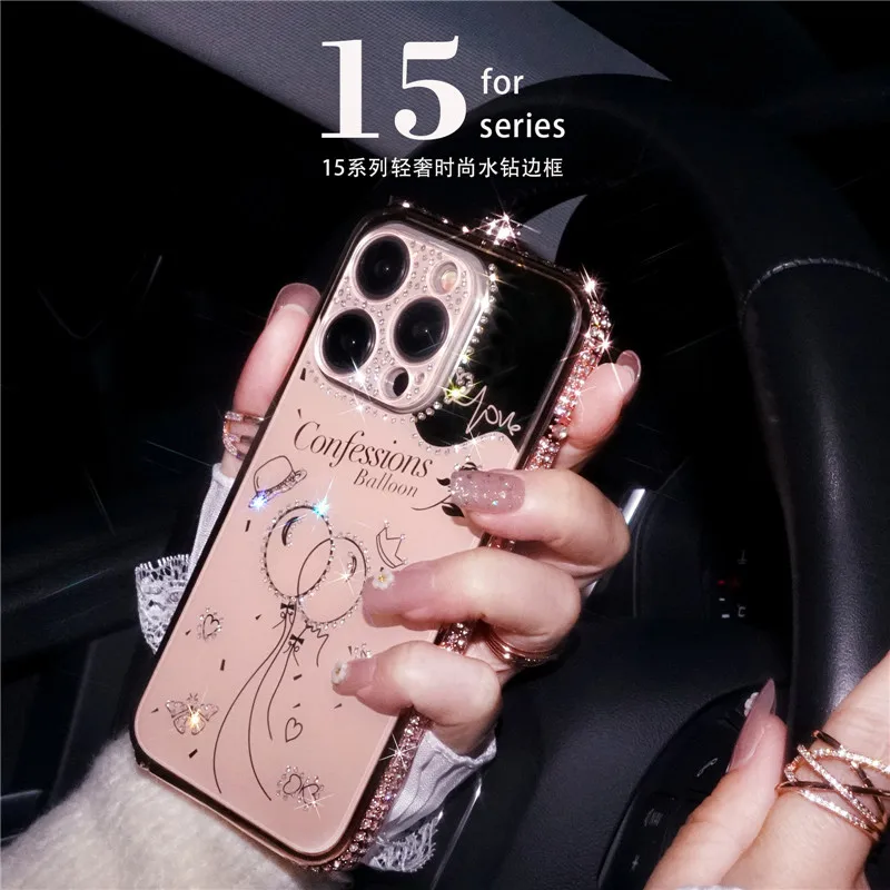 Для iPhone 15 Pro Max 14 13 11 12 Чехол Bling Diamond Bumper Rhinestone Love Inlay Металлический каркас Зеркало