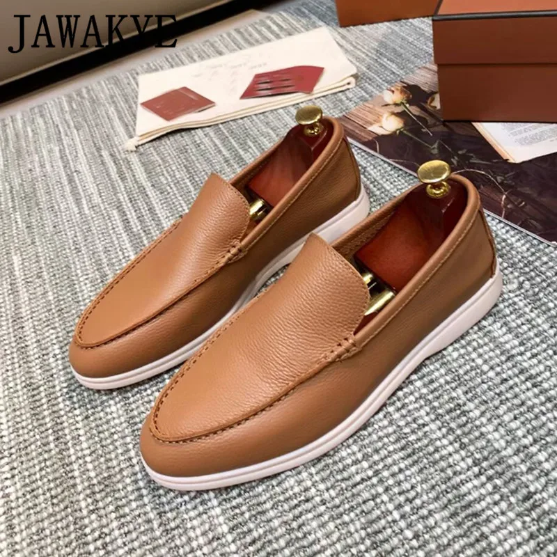 

Round toe Flat Loafers Shoes for Men Hot Sale Rubber Sole Slip-on Walk Shoes Genuine Leather Casual Formal Brand Shoes Man