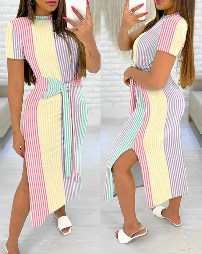 Striped Colorblock Tied Detail Dress 2023 Summer New Mock Neck Short Sleeve Knotted Side Slit Casual Mid Length Dress for Woman