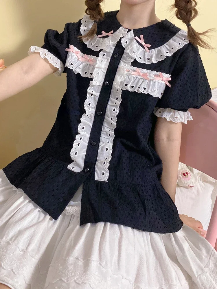 

Japanese Sweet Lolita Blouse Girly Lace Peter Pan Collar Short Sleeve Shirt Top Women Black Cotton Inside Blouses Kawai Clothing