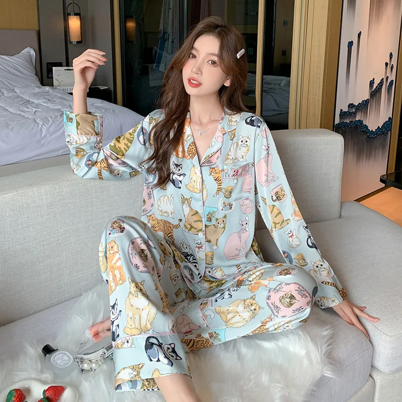 High Quality Women's Pajamas Set Luxury Pet Cats Pattern Sleepwear Silk Like Casual Homewear Cute Nightwear Femme Petite
