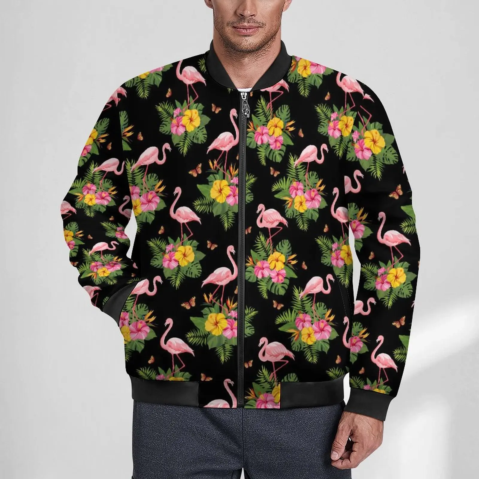 

Tropical Birds Print Jackets Men Watercolor Flamingo Winter Coats Trendy Hooded Casual Windbreak Graphic Loose Jacket Large Size