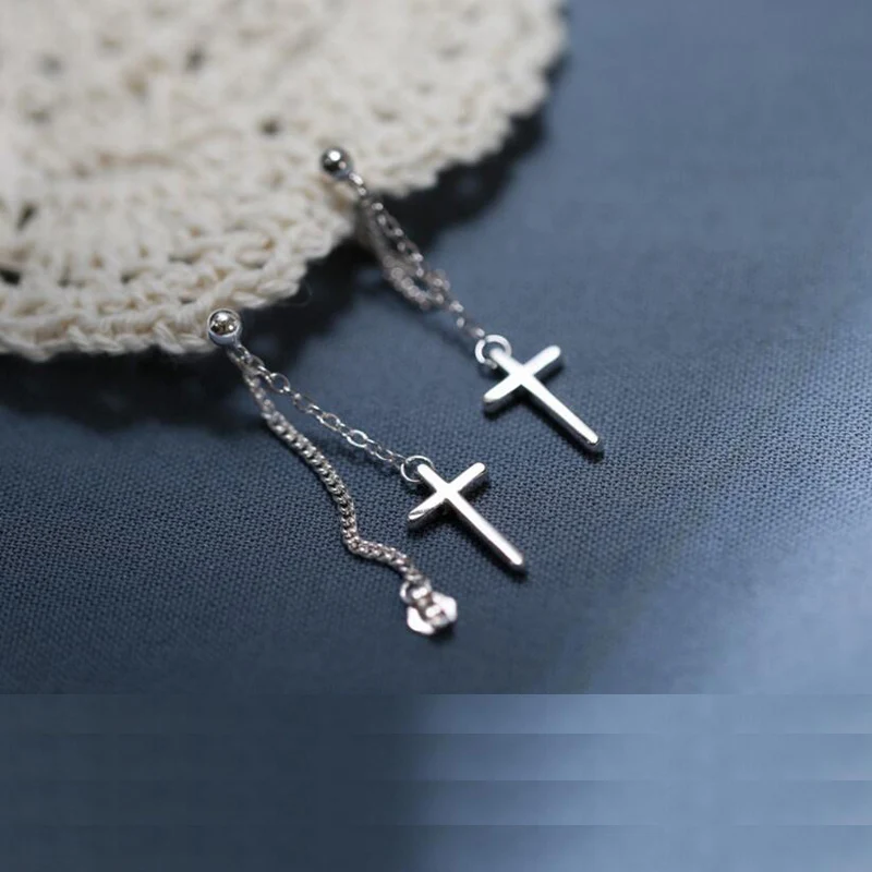 100% 925 Sterling Silver Cross Chain Stud Earrings Beautiful For Women Lady Jewelry Gift ED470