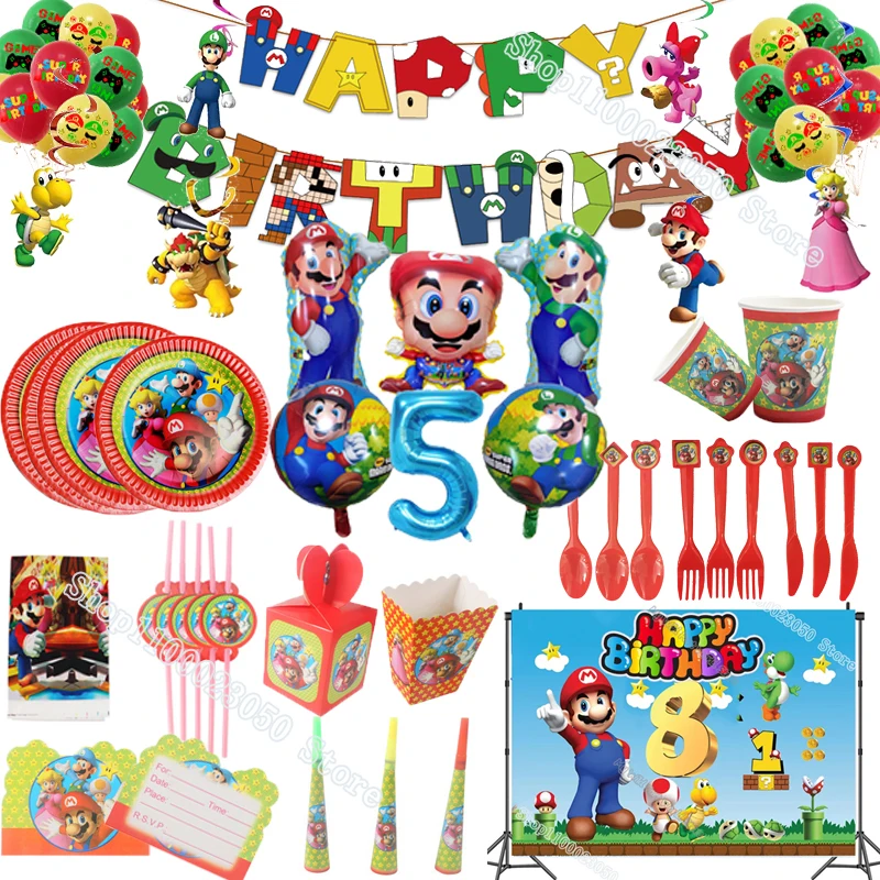 Партийные принадлежности Super Mario Bros: одноразовая посуда (тарелки, кружки), задник, баннер с надписью «С днем рождения», подарочная сумка, шары, украшение торта.