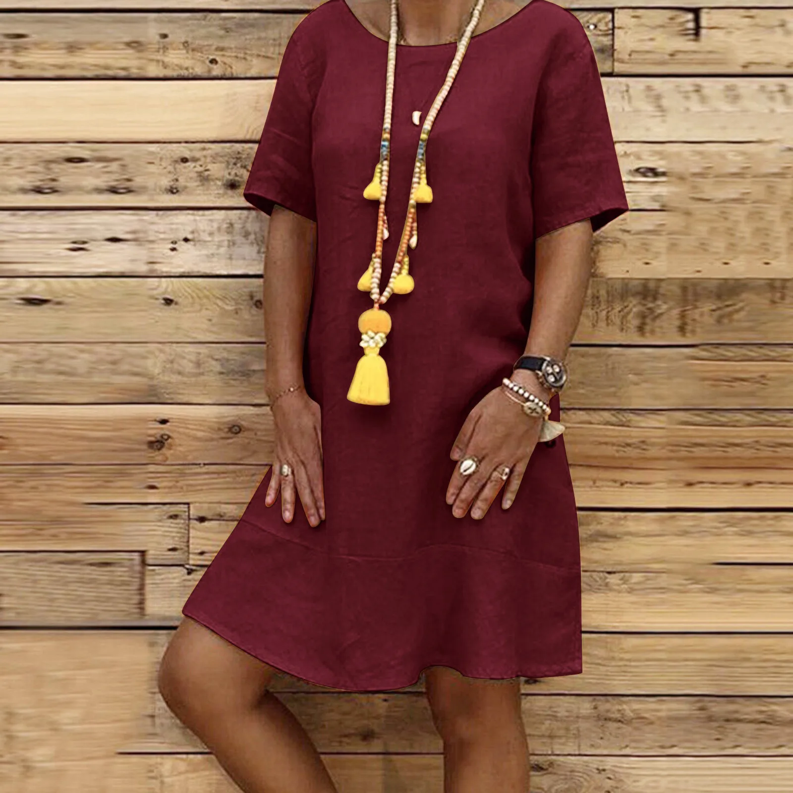 

Летнее свободное платье, женское повседневное однотонное платье с коротким рукавом, винтажное платье до колена в стиле бохо, Женский размер...