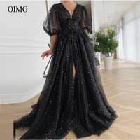 oimg sparkly black tulle with stars evening dresses puff half sleeves v neck ribbons front leg slit women prom gowns vestidos