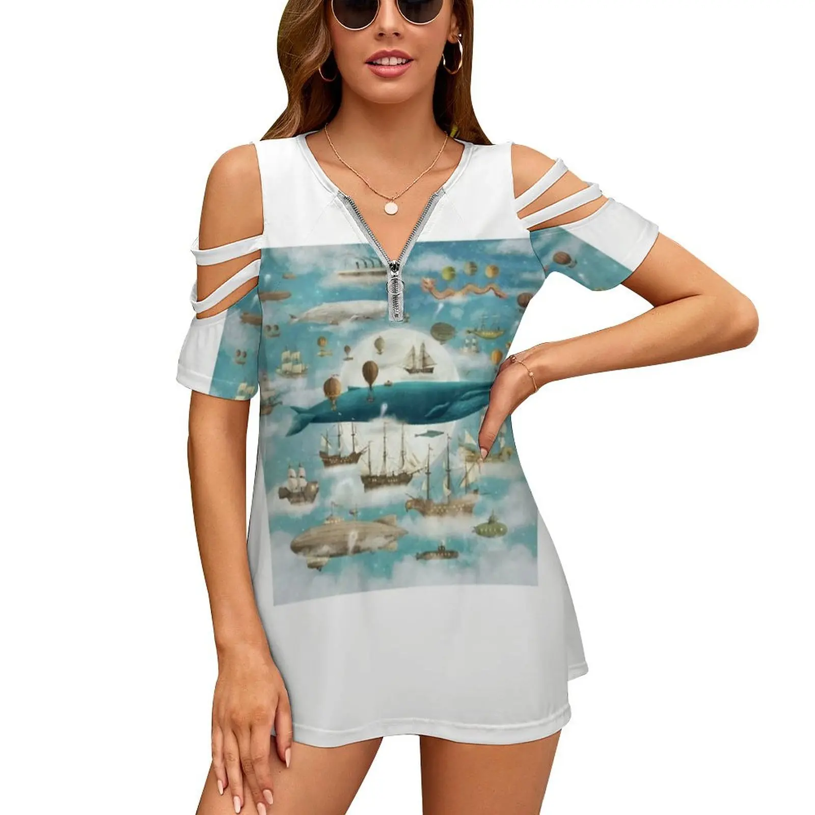 

Женская рубашка с коротким рукавом, на молнии, с рисунком Кита