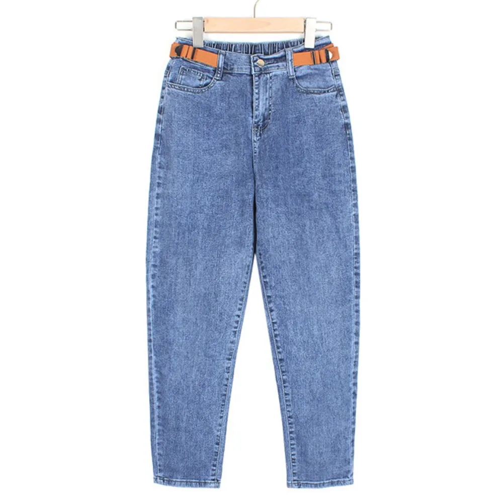 

4XL Plus Size Jeans Women 2023 Spring Loode Washed Belt High Waist Denim Harem Pants Oversized Curve Clothes