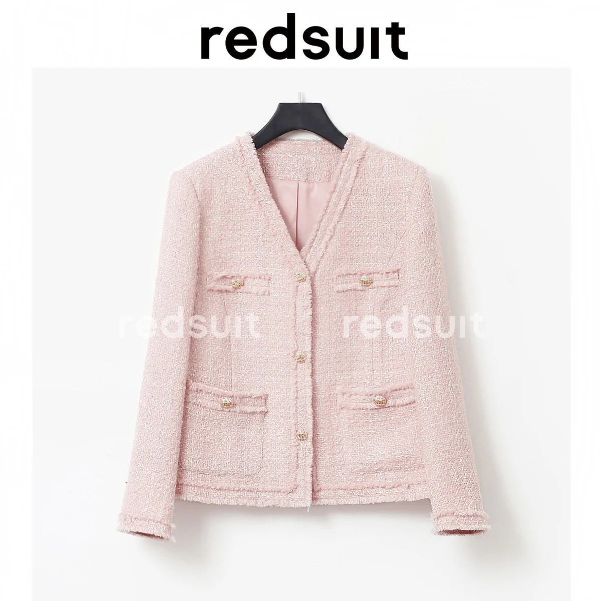 Pink V-neck Little Fragrance Jacket Tweed Braid Everything Short