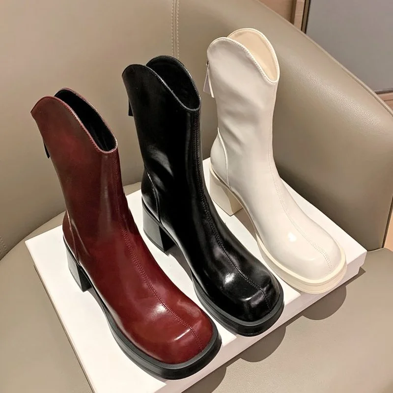 

Pmwrun Bright Leather Chelsea Boots Women's Spring and Autumn Square Heel Platform High Heel Ankle Boots Back Zipper Thin Boots
