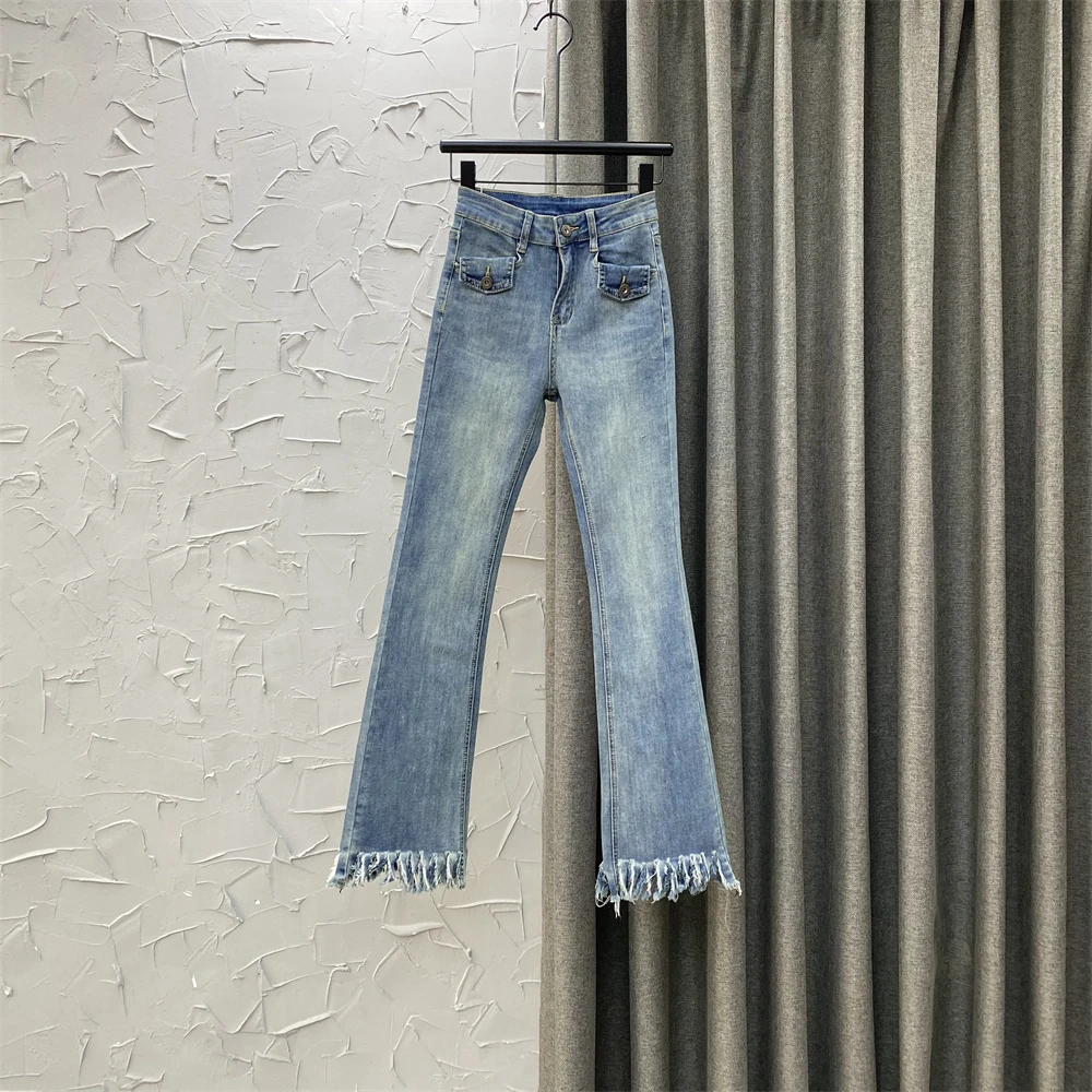 

Blue High Waist Slim Tassel Flared Pants Spring Clothing Korean Style Women's Hot Girl Denim Pants Fashion Washed Jeans Pants