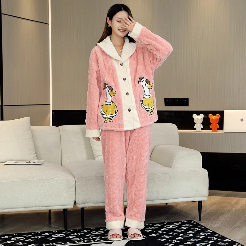 Lady's Winter Warm Thin Two-Pieces Pajama Suit Polyester Comfortable Skin-Friendly Colorful Leisure Wear With No Hat