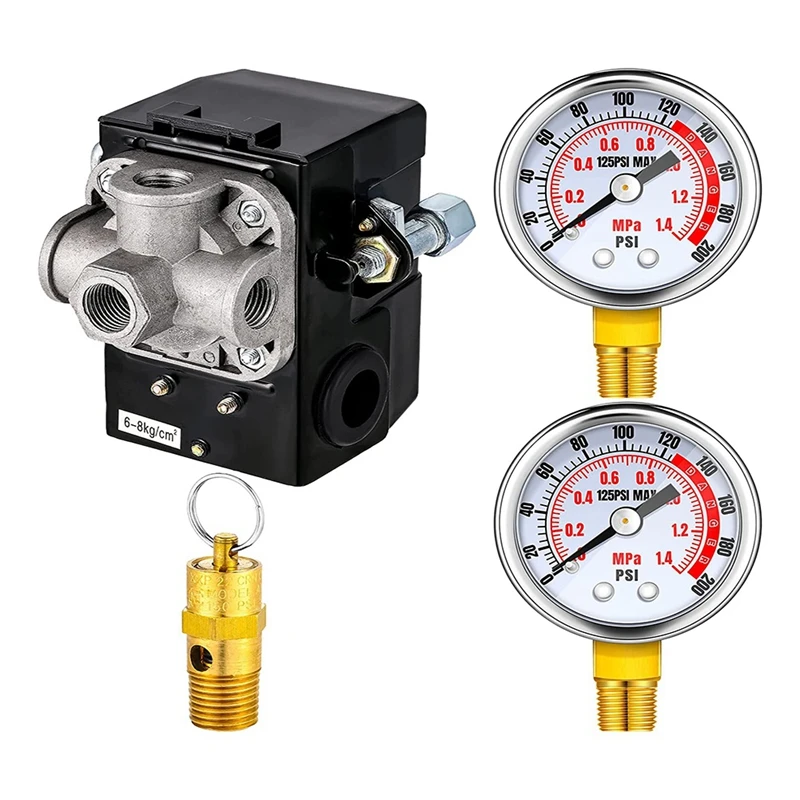 

4Pcs Pressure Gauges 90-125PSI 4 Port Compressor Pressure Switch NPT 1/4 And 0-200 PSI Pressure For Compressor Accessory