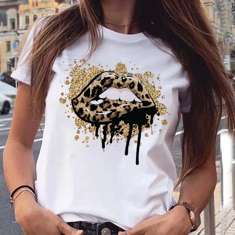 

New Leopard Lips T Shirt Women Fashion Casual Tshirts Tees Harajuku Korean Style Graphic Tops Kawaii Female T-shirt