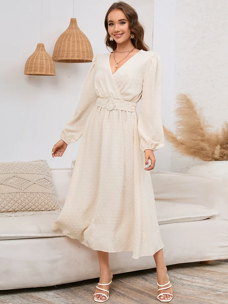

2023 New in Autumn Winter Dress for Women Clothing Solid V-Neck Long Sleeve Jacquard Belt Long Dresses Pullover A-line Skirt