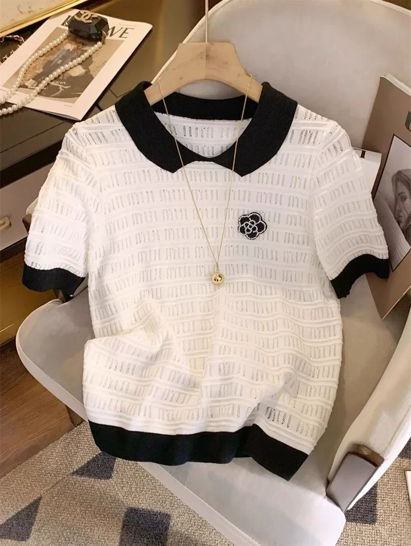 Женский винтажный свитер с коротким рукавом трикотажная футболка цветочным