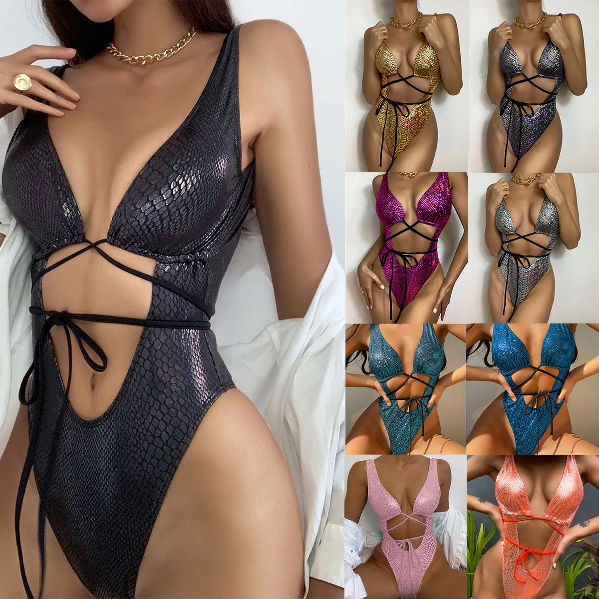 

2022 new shiny luminous silver black gold one-piece swimsuit women's backless sleeveless European and American strappy swimwear