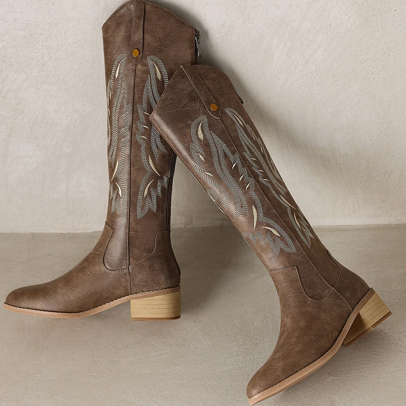 Женские сапоги Челси до колена с острым носком на среднем каблуке Ретро стиль