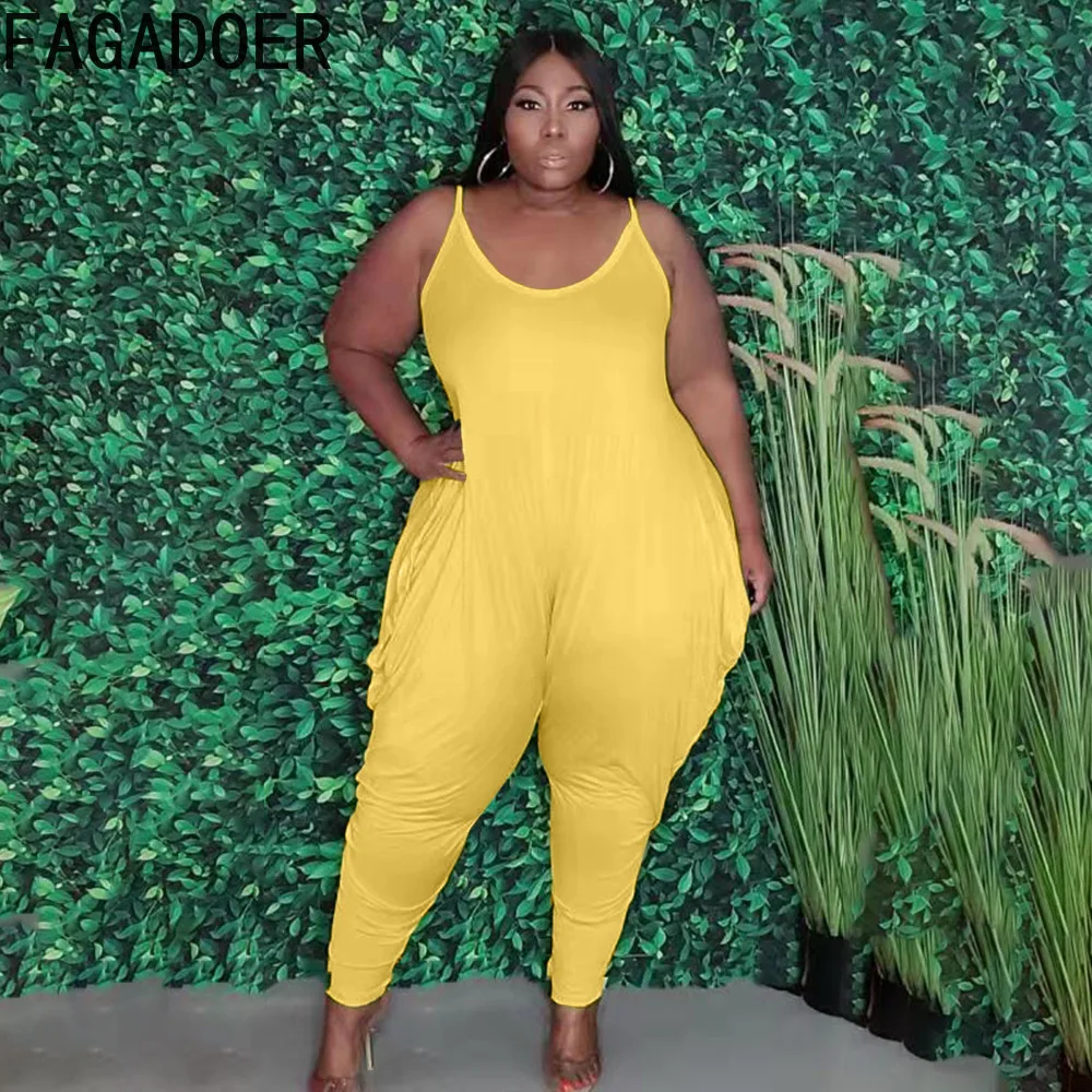 FAGADOER Sexy Strap V Neck Jumpsuits Plus Size Women Clothing XL-5XL Fashion Solid Long Pants Playsuit Summer Casual Romper 2022