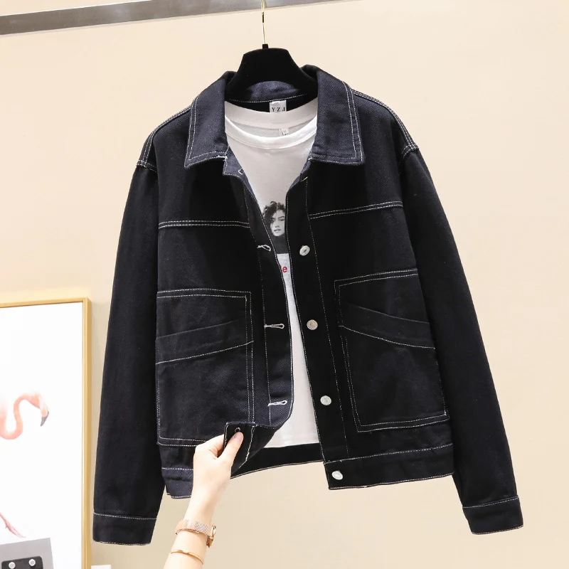 

Spring Autumn Black White Denim Jacket Coat Women Loose Short Student Cowboy Outerwear Big Pocket Casual Jeans Jackets Female