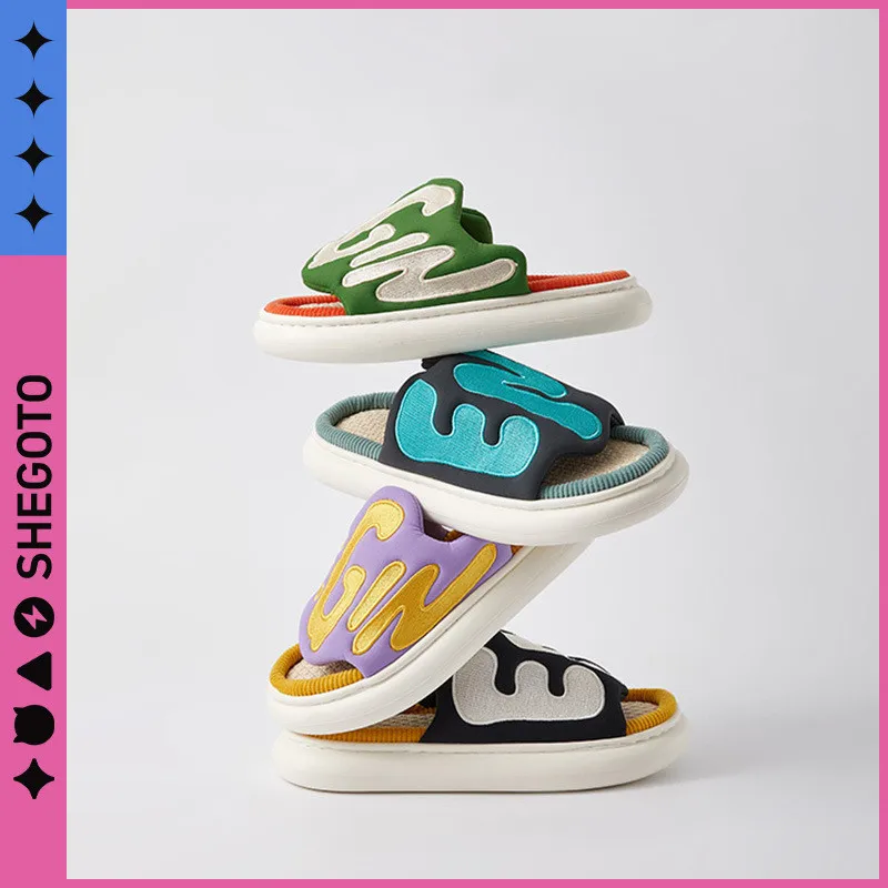 

Home Summer Women Men Down Thick Sole Cartoon Open Toe Slippers Indoor Flip Flops Anti-Slip Couple Sandals Slides Ladies Shoes