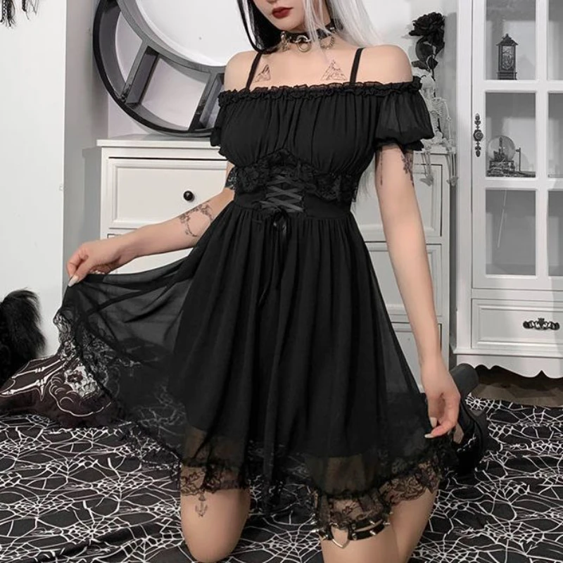 

2022 Nuevas Mujeres Sexy Moda Verano Negro Gasa Malla Encaje Tirantes Elegante Fiesta Noche Dulce Vestido