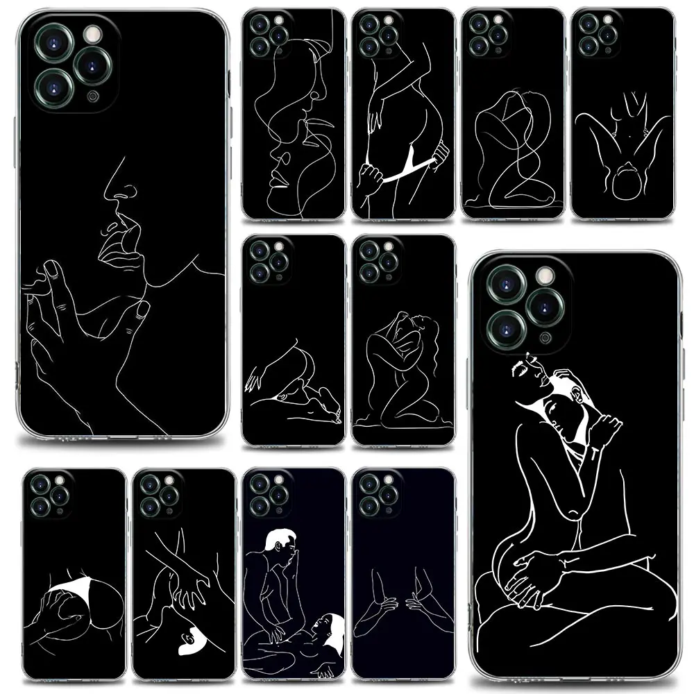 

Clear Phone Case for Apple iPhone 11 12 13 14 Pro Max 7 8 SE XR XS 6s Plus Cases Soft Cover Black And White Sexy Line Art Lover