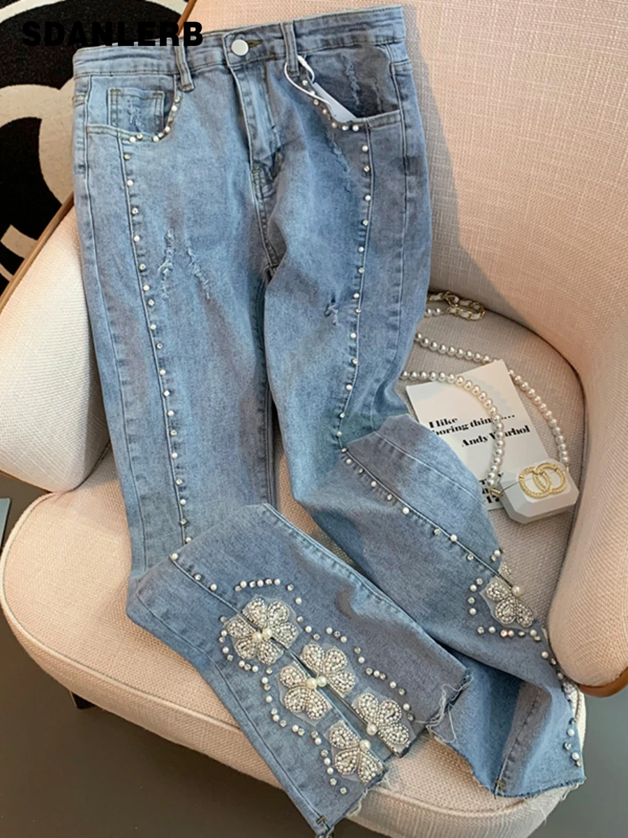 

Fitted Boot-Cut Jeans Women's High Waist Slimming Fashionable Denim Pants Heavy Industry Beads Rhinestone Bow Split Trousers