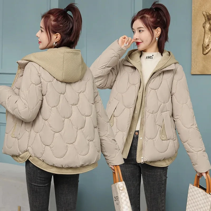 

Winter Women Fake Two Hooded Cotton Jacket Bread Clothing Warm Thicken Loose Down Cotton Jacket 2023 New Women Parkas Winter Jac