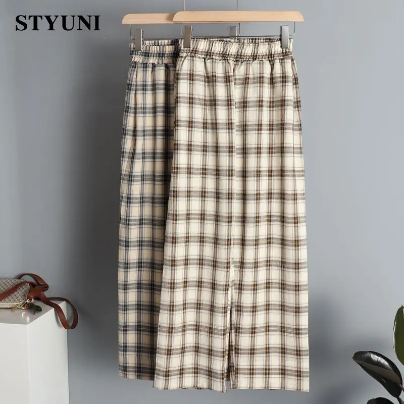 

Khaki Plaid Korean Fashion Casual Vintage Straight Women's Pants 2022 High Elastic Waist Loose Full-length Pants for Women