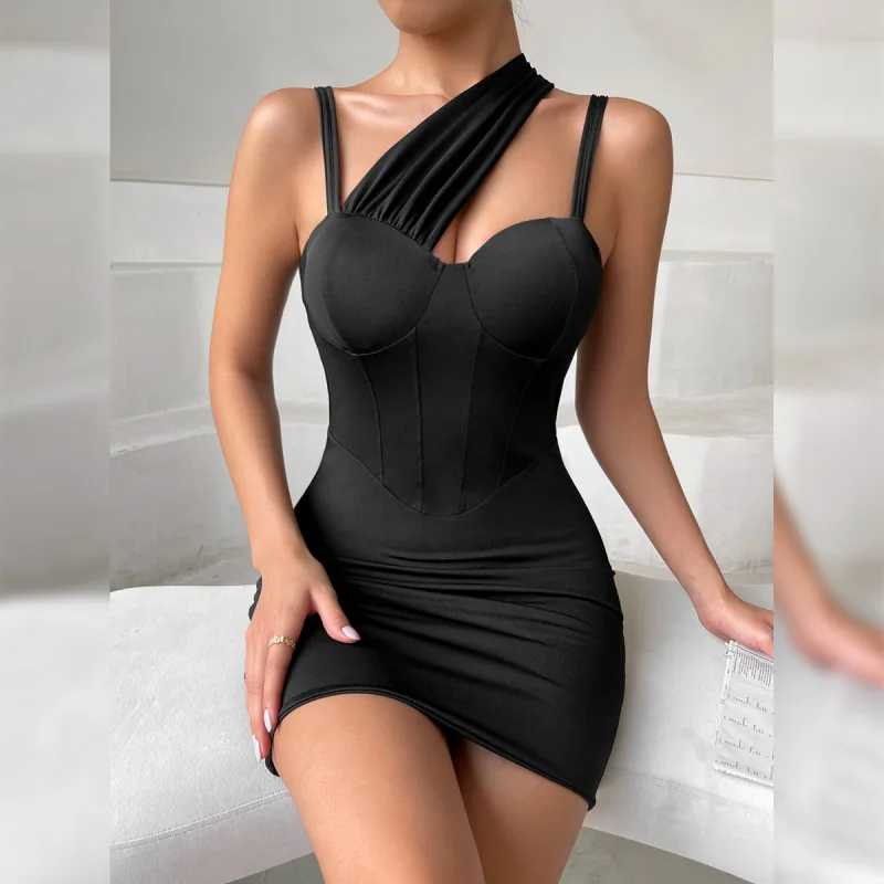 

2022 Dress for Women Summer Sexy Hollow Tight Sling Pack Mini Dresses Black