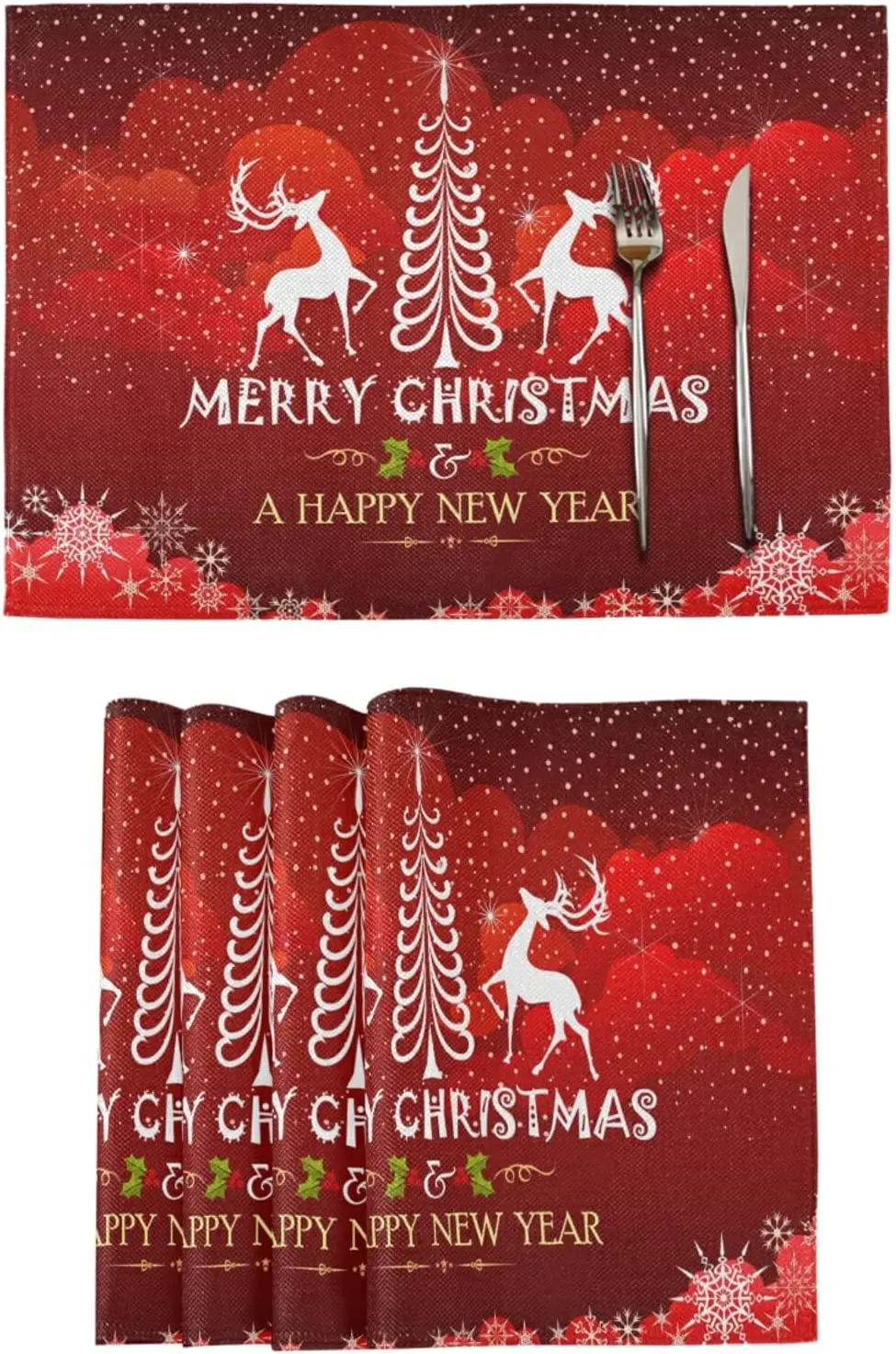 

Christmas Tree and Reindeer Placemats Set of 4 Placemats,Dining Table Christmas Decoration Table Mat Anti Slip Heat Insulation