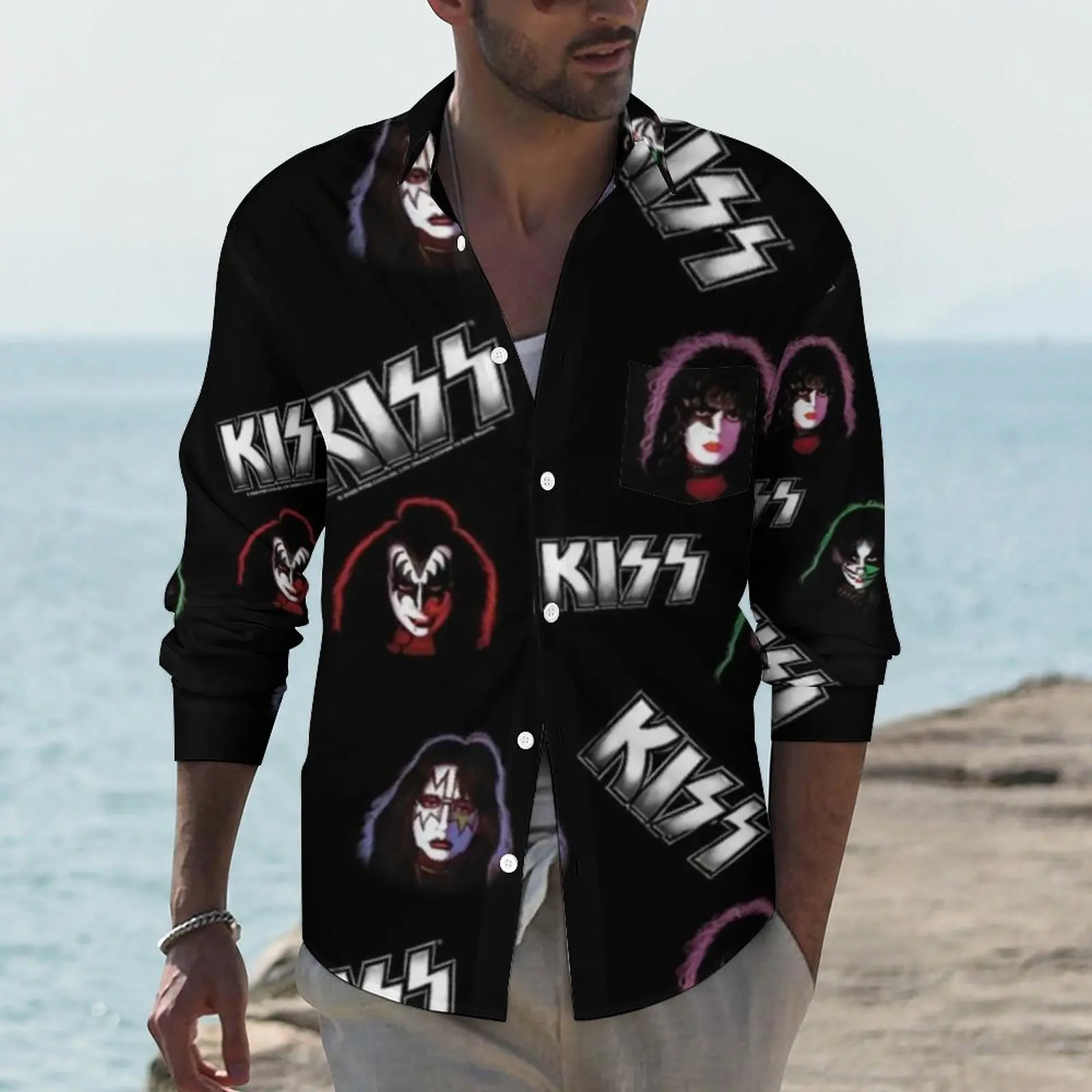 

Рубашка Kiss Band Y2K Повседневная с длинным рукавом, блузка с графическим принтом рок-музыкант, свободная одежда оверсайз, осень
