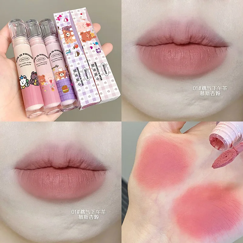 

Velvet Matte Lipstick Blush Waterproof Long Lasting Cute Bear Lipgloss Non-Stick Cup Makeup Lip Tint Mud Cosmetic Kit Gift
