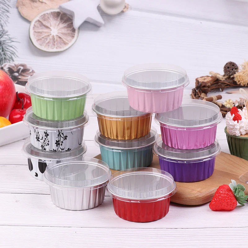 

5Pcs 125ml Round Aluminum Foil Baking Cups Heat Resistant Cupcake Liner Molds Dessert Cake Box With Lid Pastry Tools