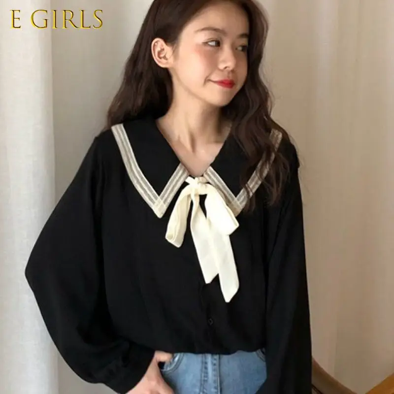 

E GIRLS Shirts Women Tender Soft Simple New Chic Spring Lovely Students Bow Trendy French Style Elegant All-match Daily Leisure