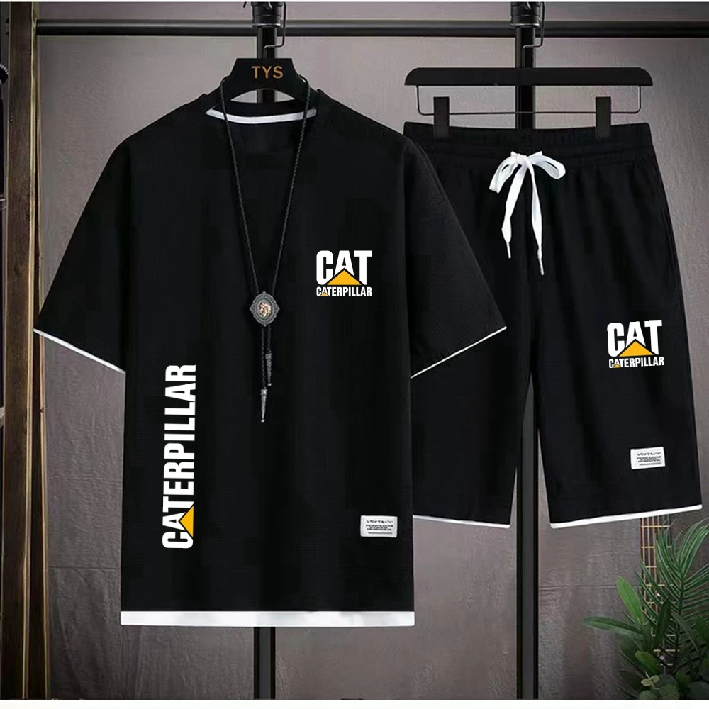 European Round Neck Short Sleeve+Shorts Two Piece Set CAT Letter Printing Summer Casual Men's T-shirt Waffle New Set Large Men's