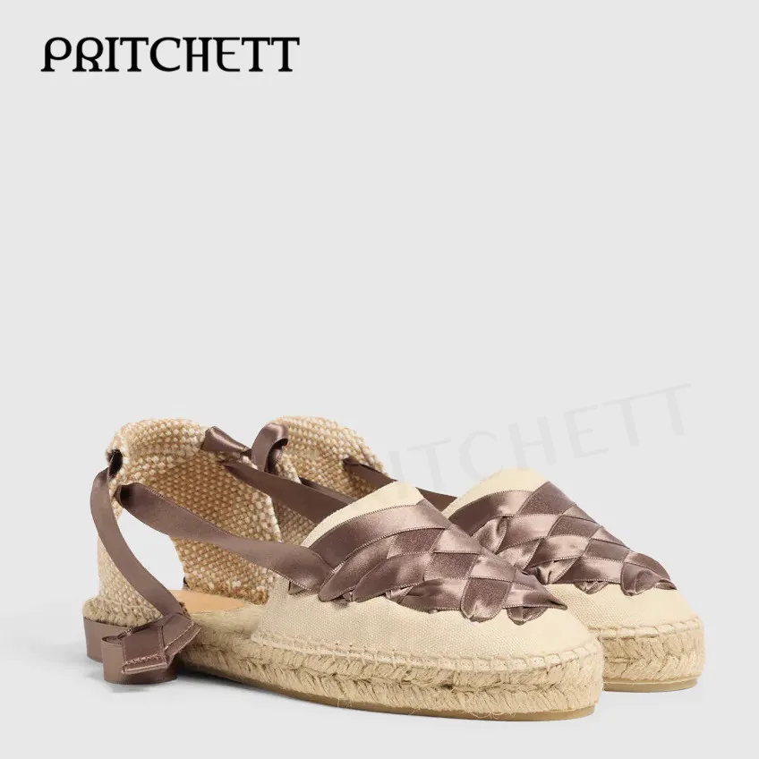 Color Matching Wedge Espadrille Women's Shoes Blue Ribbon Ankle Strap Hollow Baotou Platform Sandals Woven Fashion Women's Shoes