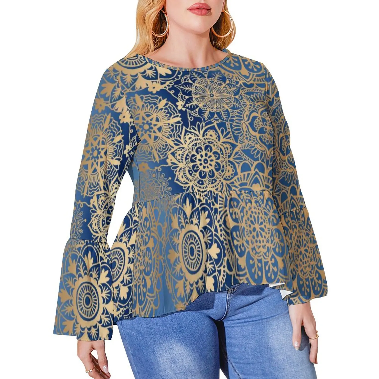 

Vintage Metallic Print T-Shirts Gold Mandala Pattern Classic Long-Sleeve T Shirt Modern Tees Ruffle Graphic Tops Plus Size 6XL