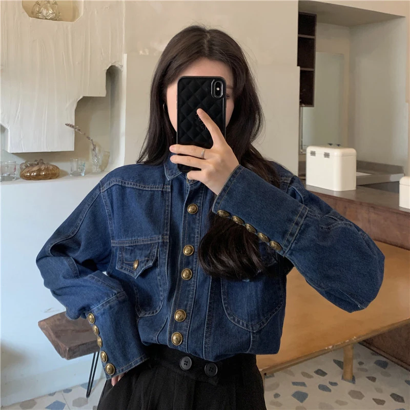 

2022 Spring New Vintage Women Jean Coat Fashion Turn Down Collar Single Breasted Tops Long Sleeve BF Style Women Denim Jackets