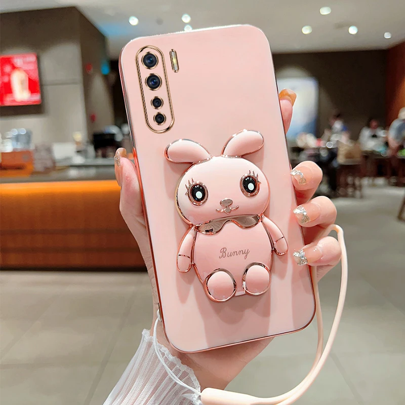 

Cute Cartoon Rabbit Fold Stand For OPPO Reno 3 Phone Case With Lanyard Luxury Plating Cover