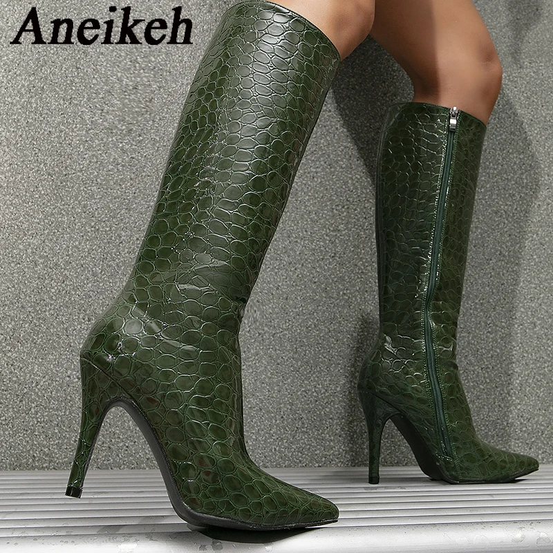 

Aneikeh Women's Spring/Autumn PU Crocodile Sewing Modern Boots 2024 Fashion Sexy Pointed Thin Heels Knee High Boots Party Club