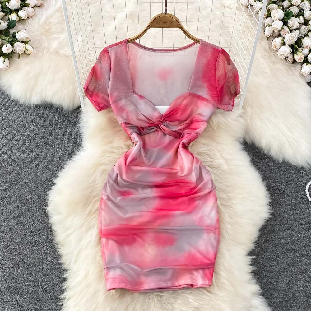 

2022 Summer Girls Tie Dyed Short Dress Women V-neck Kink Short Sleeve Bodydon Dress Women Slim Fit Mesh Hip Wrap Dress