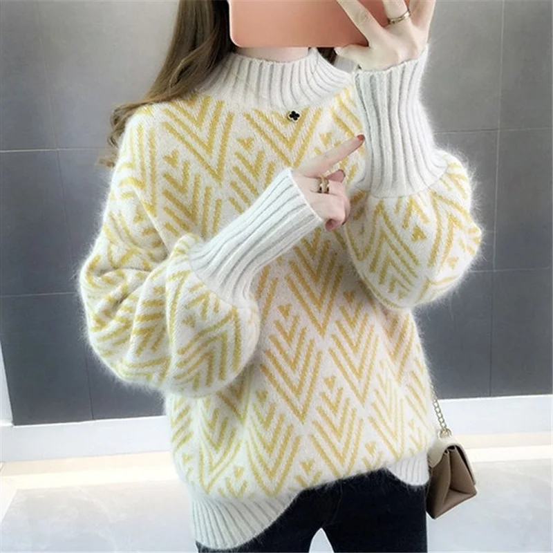 

Half Fashion Turtleneck Mink Cashmere Sweater Women Slim Pullover Autumn Winter 4 Color Rhombic Pattern Long Sleeve Tops Female