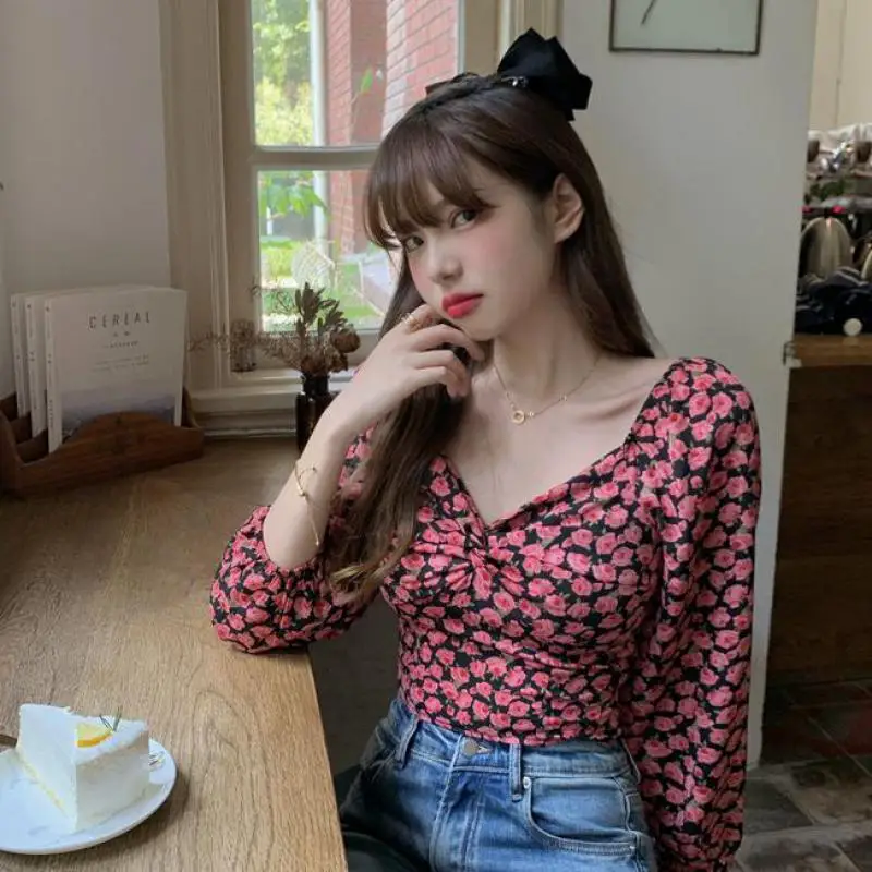 

Кроп-топ женский с открытыми плечами, пикантный короткий модный топ с цветочным принтом, с рукавами-фонариками, уличная одежда, лето 2022