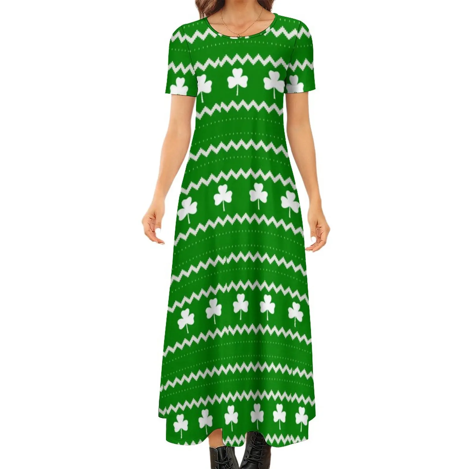 

Shamrock Print Dress Clover Fair Isle Kawaii Maxi Dress Short Sleeve Street Style Boho Beach Long Dresses Lady Oversized Vestido