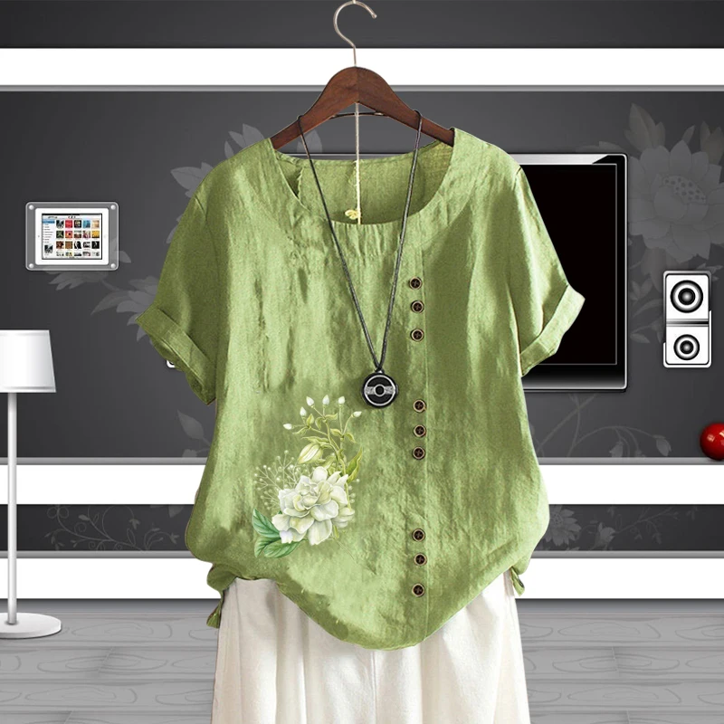 

Flower Floral Pattern Round Neck Printed Loose Linen Short Sleeve Women's Fashion T Shirt Lady's Casual T Shirt Top Pullover